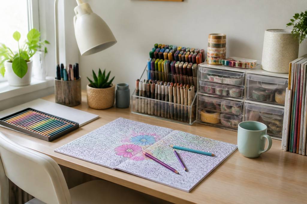Coloriage anti-stress et organisation du matériel : comment créer un espace créatif toujours prêt à l’emploi
